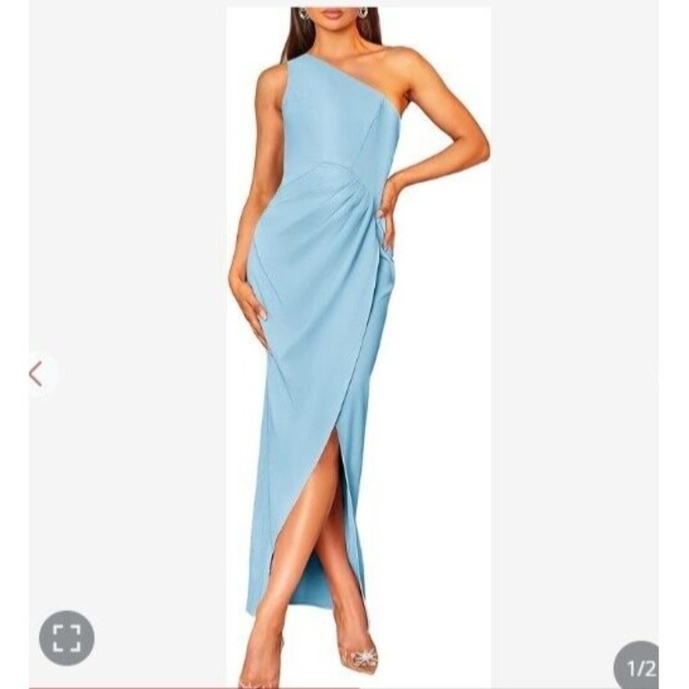 Caracilia Womens One Shoulder Wrap Cocktail Dress Dusty‎ Blue Pleated Maxi Large